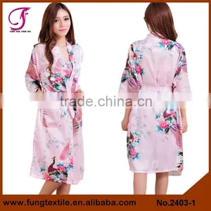 2403 Women Peacock Pattern Kimono Two-piece Set Satin Robe thumbnail-2