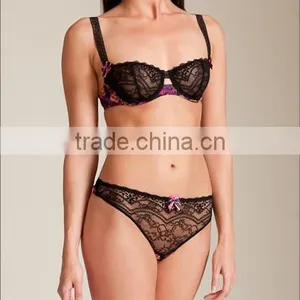 Lace Wide Strap Underlined Women Sexy Bra Panty Set thumbnail-1
