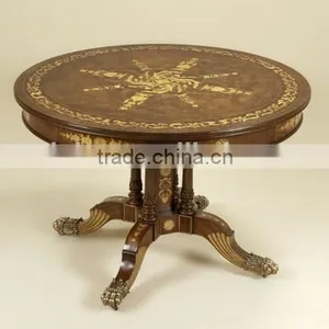 Antique Wood Carving Curio Dinning Room Table, Exquisite Gold Painted Round Dinning Table, Classical Drawing Art Dinner Table thumbnail-1