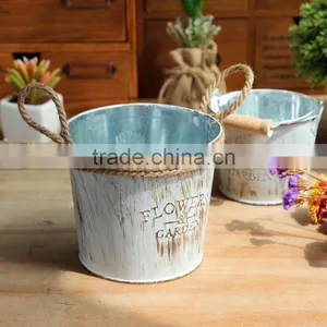 Galvanized Garden Metal Buckets Pots With Jute Rope Handle thumbnail-2