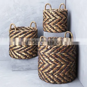 Water Hyacinth Storage Basket Vietnam, Set 3, Round Shape With Handle thumbnail-1