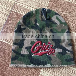 Custom Fashion Cheap Camouflage Knitted Hats With 3D Embroidery thumbnail-2