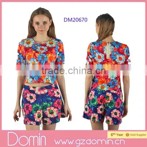 2015 New Fashion Ladies Printed Floral Crop Top Set thumbnail-1