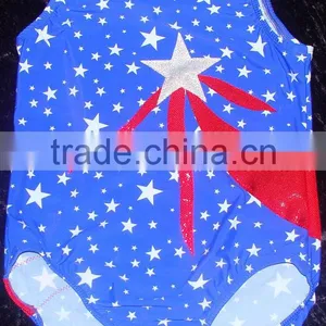 Gymnastics Leotard Girls Blue With Stars and Appliqued White Holographic Star and Red Holographic Streamers thumbnail-1