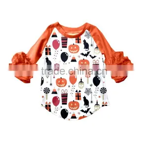 Wholesale Raglan 3/4 Sleeve t Shirt Halloween Pumpkin Printing Icing Raglan Kids Shirt With Ruffle Sleeve thumbnail-1