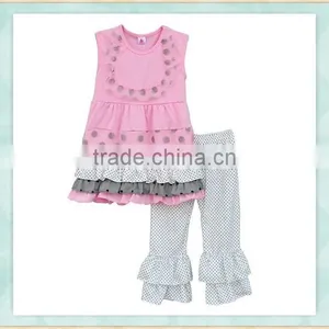 African Bazin Pink Sleeveless Three Ruffle Top Wave Dots Pant Imported Clothes Made in Turkey thumbnail-1