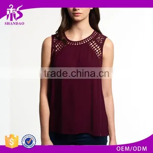 2017 Guangzhou Shandao Custom Logo New Fancy Style Women Summer Wine Red Chiffon Round Neck Sexy Sleeveless Top Photos thumbnail-1