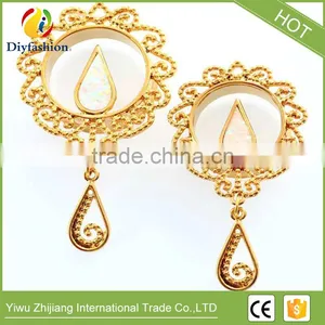 Gold Copper Opal Hollowed-out Flower Long Ear Plug thumbnail-2