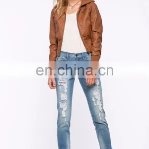 New Fashion Ribbed Knit Trim 100% PU Leather Bomber Jacket for Women thumbnail-5