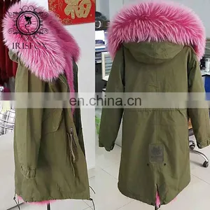 Real Pink Color Fox Fur Parka Wholesale Modern Oversized Fur Trim Coat for Women thumbnail-2