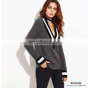 Grey Striped Trim Deep V Neck Knitted Sweater thumbnail-6