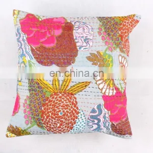 INDIAN BROWN PINEAPPLE CUSHION COVER DECORATIVE PILLOW CASE ETHNIC SOFA THROW FLORAL KANTHA CUSHION COVER thumbnail-1