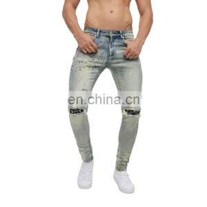 DiZNEW Denim Jeans Manufacturer Custom Hand Rhinestone Bandana Patch Distressed Jeans Man thumbnail-1