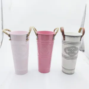 Farmhouse Tall Metal Flower Vase, Embossed Iron Bucket With Handles for Dried Floral Home Decor thumbnail-1