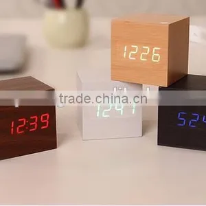 Cube Wooden LED Alarm Clock Despertador Temperature Solids Voice Control LED Display Electronic Desktop Digital Clocks Calendar thumbnail-3