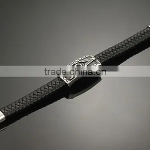 Braided Black Genuine Leather Bracelet Wholesale Mens Stainless Steel Clasp thumbnail-5