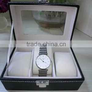 Luxury Black Leather Shadow Window Lid Watch Box Gift Box Lint Lock Front Black Jewelry Leather Box thumbnail-4