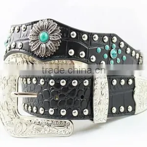 2016 Best Seller Scallop Western Rhinestone Leather Belt With Turquoise Concho thumbnail-1
