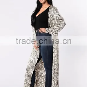 Women Polyester Spandex Blend Satin Leopard Open Front Longline Duster Coat thumbnail-3