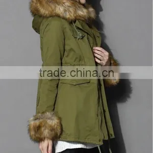 Detachable Faux Fur Jacket With Fur Collar Fur Sleeve ,women Army Green Jacket Coat thumbnail-2