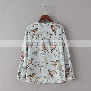 The Spring Summer Ladies Tops Socialite Retro Birds Digital Printing Long Sleeve Chiffon Blouse for Women thumbnail-3