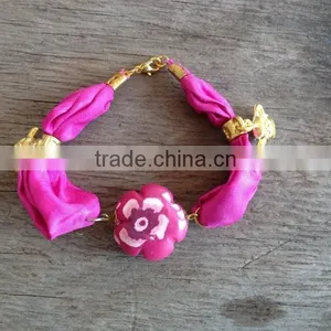 Fabric Cloth Bracelet With Polymer Clay Flower Charm, Gold Teapot Charm Silk Cloth Bracelet New Design Fabric Bracelet thumbnail-1