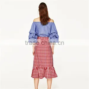 2017 OEM Spring Cute Pleated Vertical Stripes Off Shoulder Blouse thumbnail-3