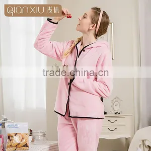 Perfect Qianxiu Cheap Hooded Design Pink Sexy Flannel Ladies Winter Nighty thumbnail-1