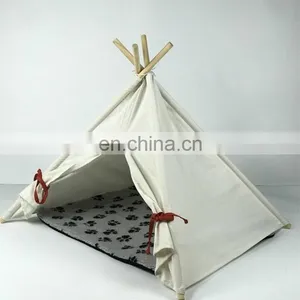 Pet Teepee Tent for Dogs Cats Portable Foldable Cotton Canvas Pets House Bed for Rabbit Puppy 4 Poles Pine Wooden With Floor Whi thumbnail-4