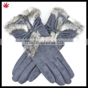 Women Pigsplit Warm Winter Leather Gloves With Rabbit Fur thumbnail-1