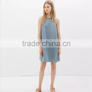 2014 New Design Ladies Sleeveless Denim Dress Women Light Bule Denim Jeans Dress Quality Choice thumbnail-2