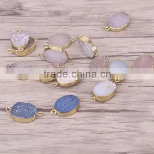 Gold Plated Oval Natural Agate Titanium Druzy Connectors Beads Jewelry Craft thumbnail-2