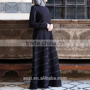 Fashion Vintage Plain Fabric Long Sleeve Bias Trim Muslim Women Long Dress thumbnail-3