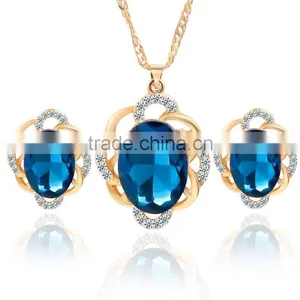 Online Shop Blue Zircon Stone Necklace Set Crystal Earring Jewelry Gold Plated thumbnail-1