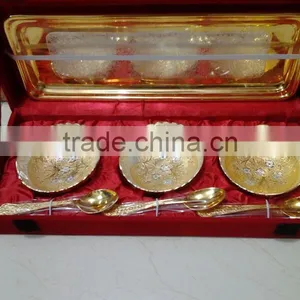 Silver & Gold Plated Embossed 3 Piece Brass Serving Bowl With Spoon Gift Box Set, Wedding Serving Bowls Set thumbnail-1