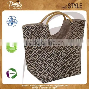Jute Gift Bag With Round Handle for Weekend - Overall Print Shopping Tote - Cane Handle Bags thumbnail-1