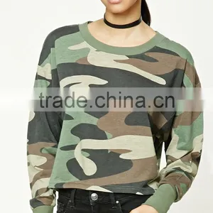 Latest Tops Designs Girls Women Long Sleeves Round Neck Cropped Camo Print Tee Camo Sweatshirts thumbnail-2