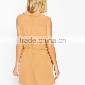 2015 New Fashionable Factory Belted Sleeveless Utility Tunic Top With V-neckline thumbnail-1