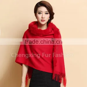 CX-B-P-41B Fur Trim Decora Fashion Women Pashmina Shawl With Fur thumbnail-1