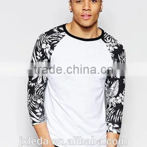 Men Muscle Fit Floral Pattern Print Contrast Long Raglan Sleeve White T-shirt OEM Custom thumbnail-1