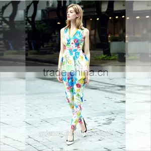 Fashion Flower Printed Deep V Neck Sleeveless Bodycon Romber Trousers Women Jumpsuit thumbnail-2