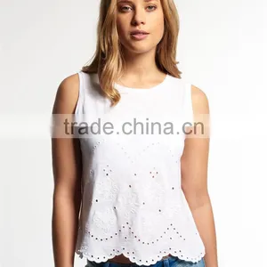 2017 China Shandao High Quality New Fashion Model Sleeveless White Round Neck Cotton Girls Cool Summer Tops thumbnail-4