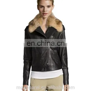 Black Leather Fur Collar Asymmetrical Zip Motorcycle Jacket Woman Coat thumbnail-2