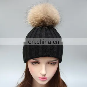 Wholesale Mens Knitted Plain Beanie Hat With Fur Pom Pom thumbnail-2