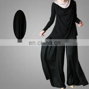 Hot Sale Muslim Women Wide Leg Side Split Chiffon Pants Ladies High Waist Back Zipper Black Trousers Islamic Palazzo Pants thumbnail-5