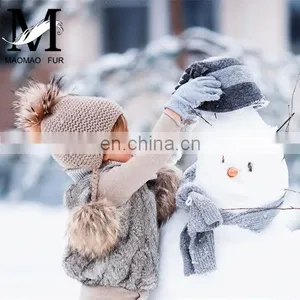 Kids Winter Knitted Hats Children Three Fur Pom Poms Hat Baby Hat With Hair thumbnail-5