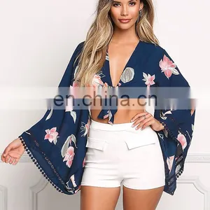 Navy Floral Bell Sleeve Front Tie Crop Top thumbnail-4