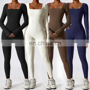 Custom Fitness Rompers Sexy Workout Wear Bodysuit One Piece Jumpsuits Long Sleeve Square Neck Women Gym Yoga Jumpsuit thumbnail-1