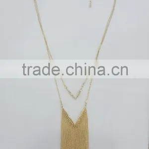 FASHION 2 LAYERED CHAIN TASSEL NECKLACE EARRING SET WITH CRYSTAL STONE thumbnail-1