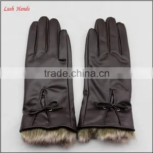 Ladies Brown pu Leather Hand Gloves With Fake Fur thumbnail-1